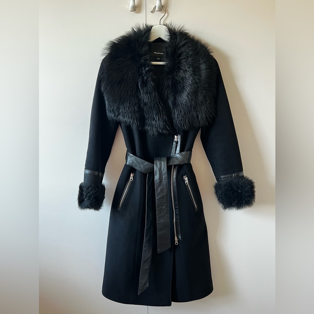 Mackage Nerea Zip and belted SheepSkin Fur Shawl Collar Black Wool Coat
